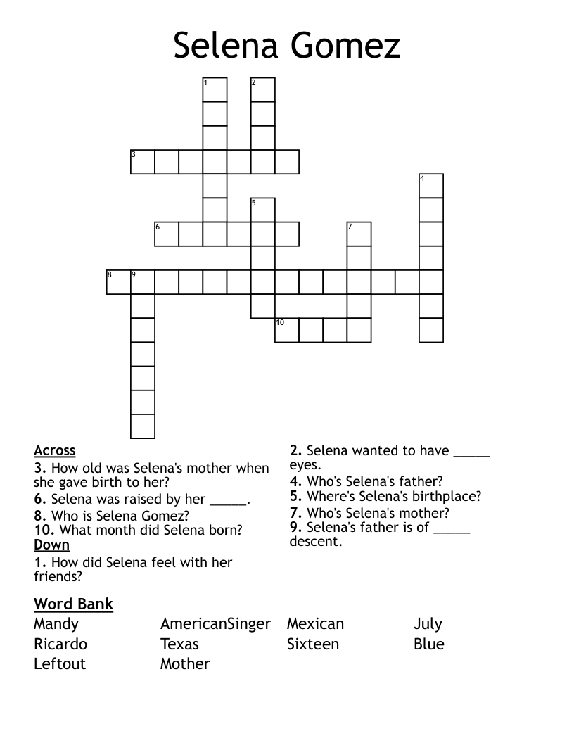 Selena Gomez Crossword