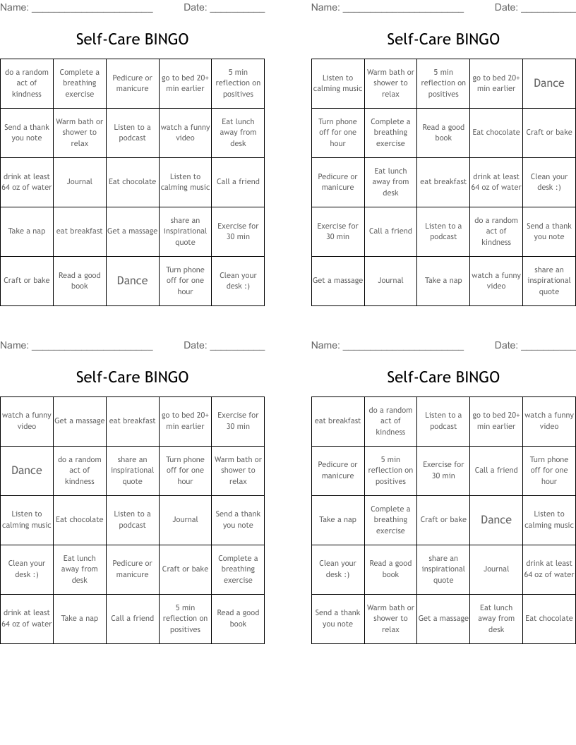Self-Care BINGO