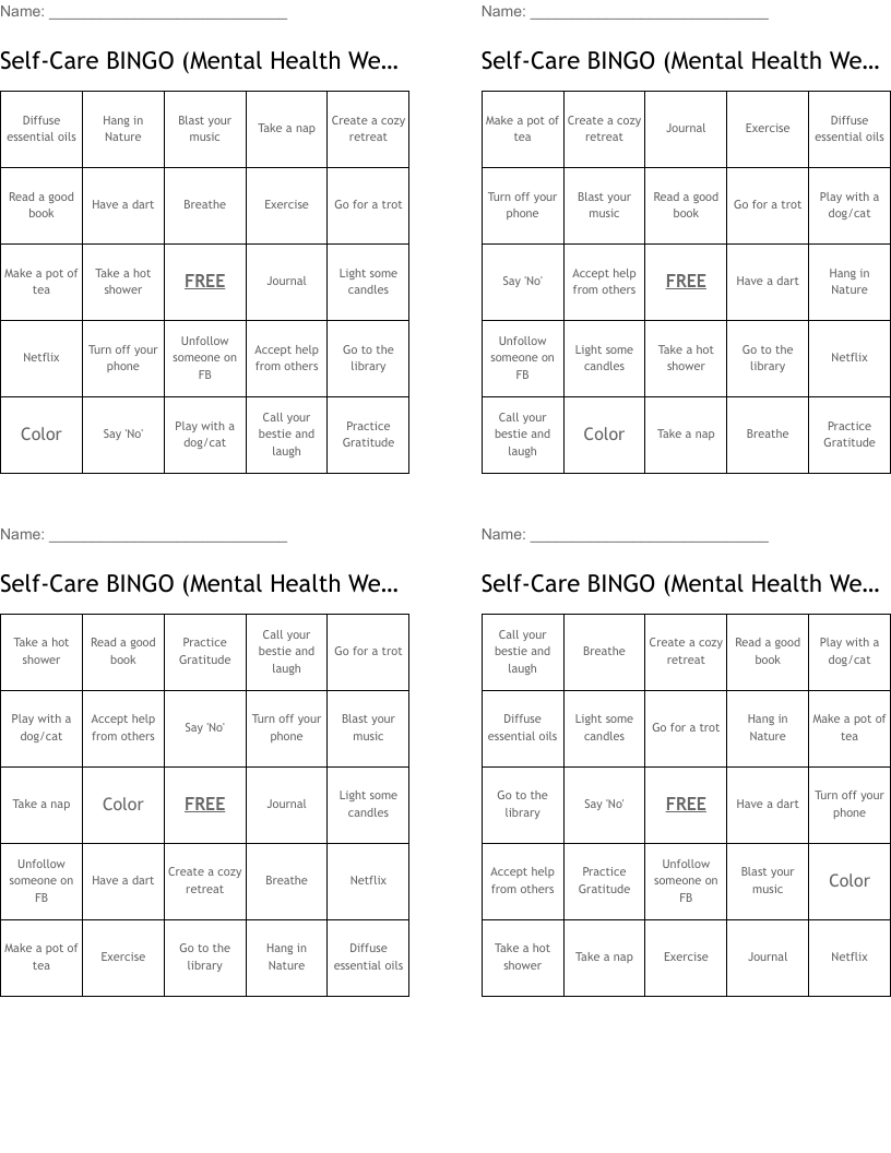 Self-Care BINGO (Mental Health Week 2019)
