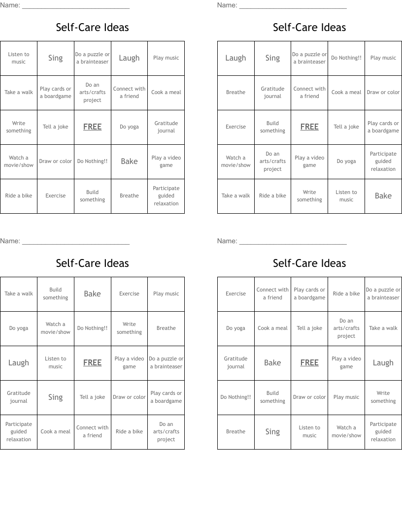 Self-Care Ideas Bingo Cards