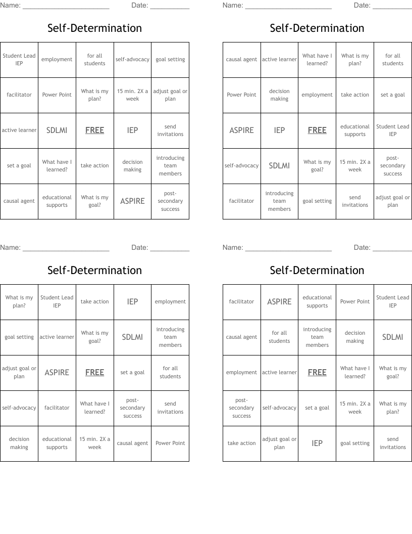 Self-Determination Bingo Cards