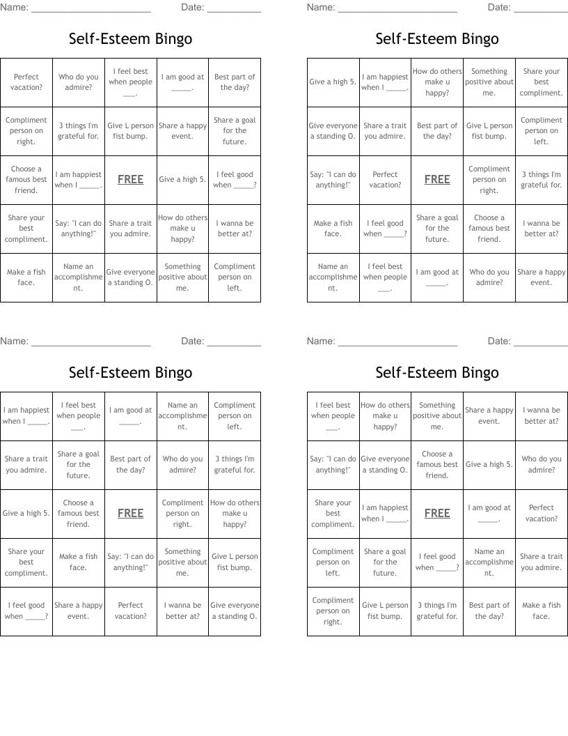Self-Esteem Bingo