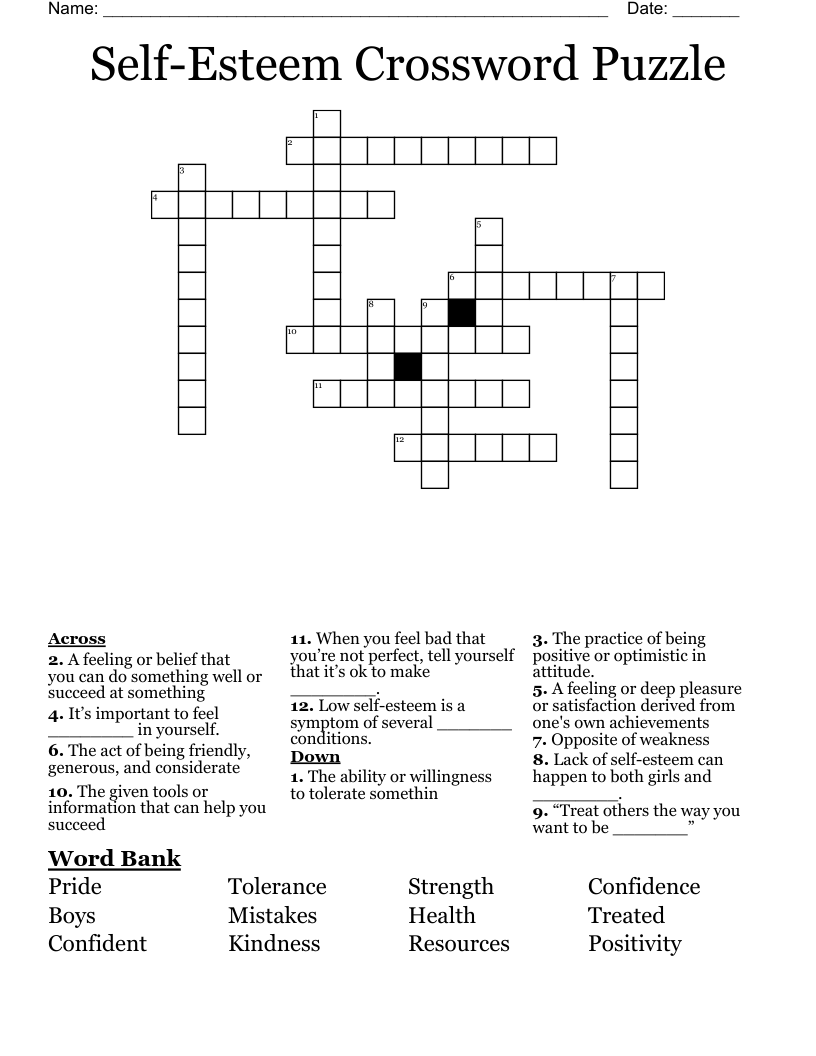 Self-Esteem Crossword Puzzle 