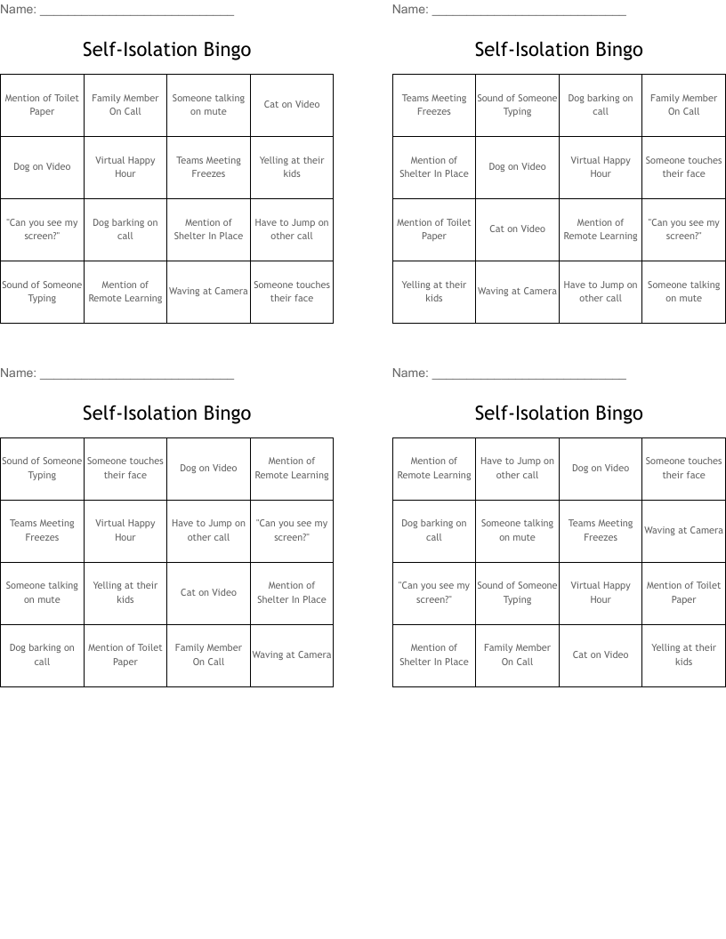 Self-Isolation Bingo