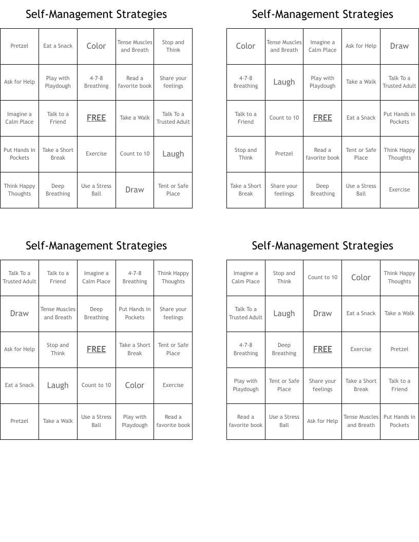 Self-Management Strategies Bingo Cards
