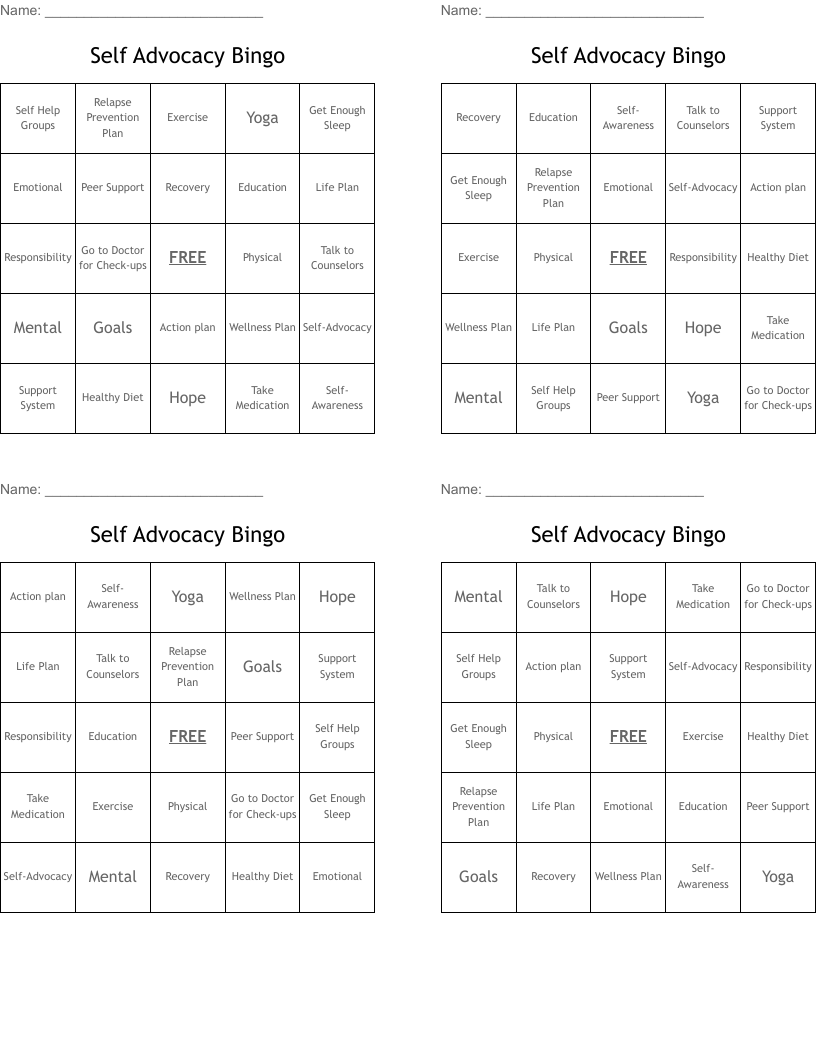 Self Advocacy Bingo