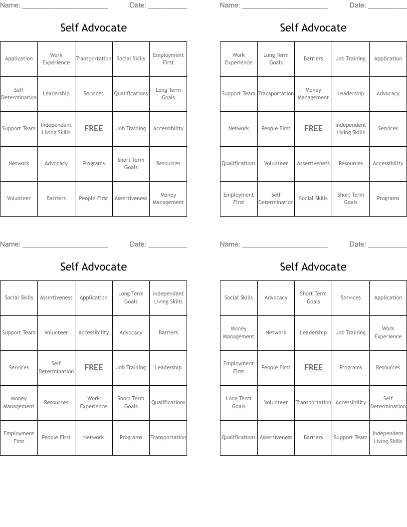 Self Advocate  Bingo Cards