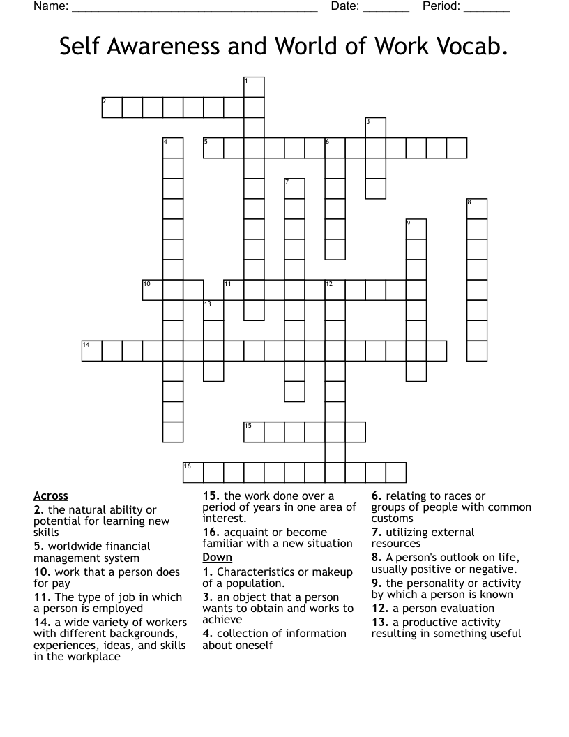 Self Awareness and World of Work Vocab. Crossword