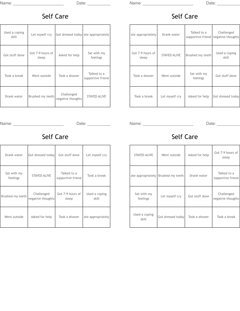 Self Care Bingo Cards