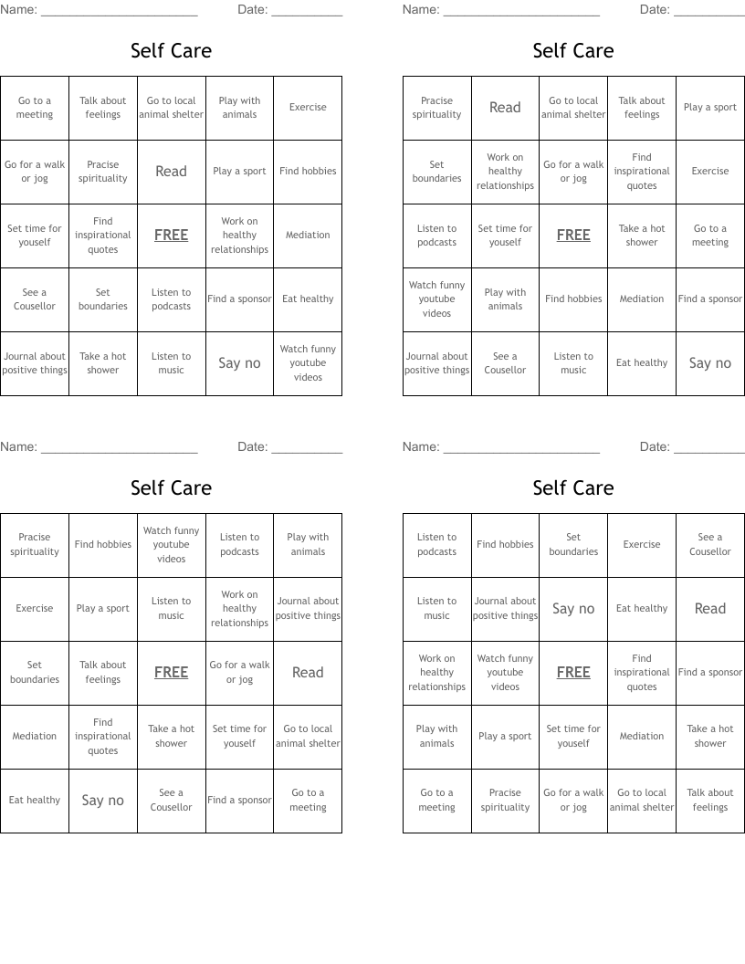 Self Care Bingo Cards