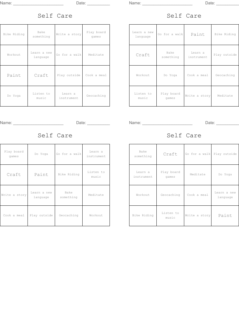 Self Care Bingo Cards