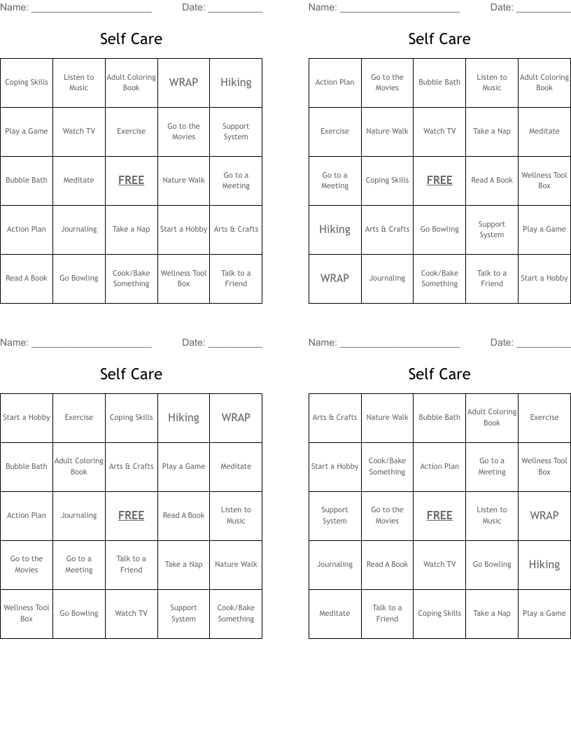 Self Care Bingo Cards