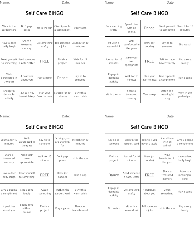 Self Care BINGO