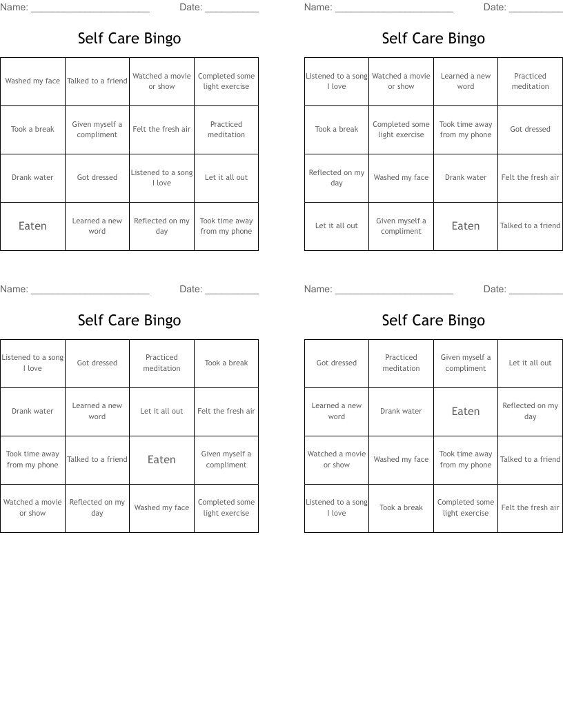 Self Care Bingo
