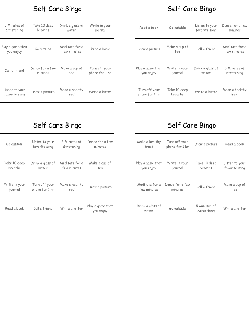 Self Care Bingo