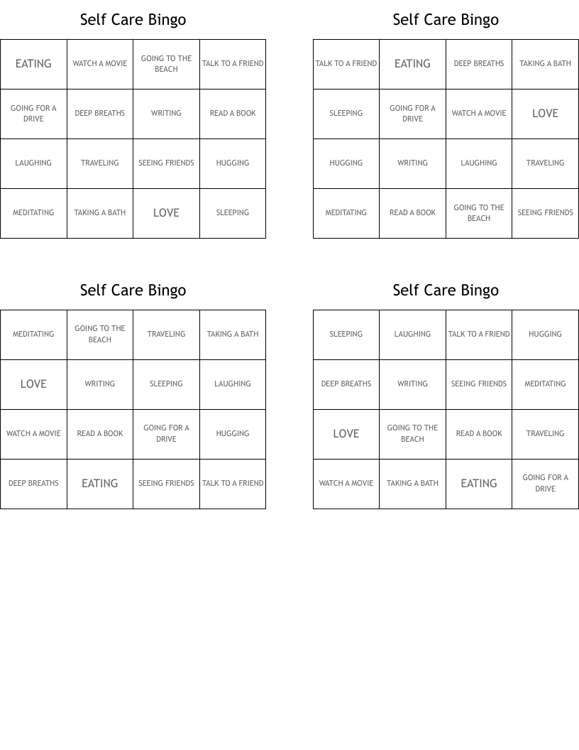 Self Care Bingo