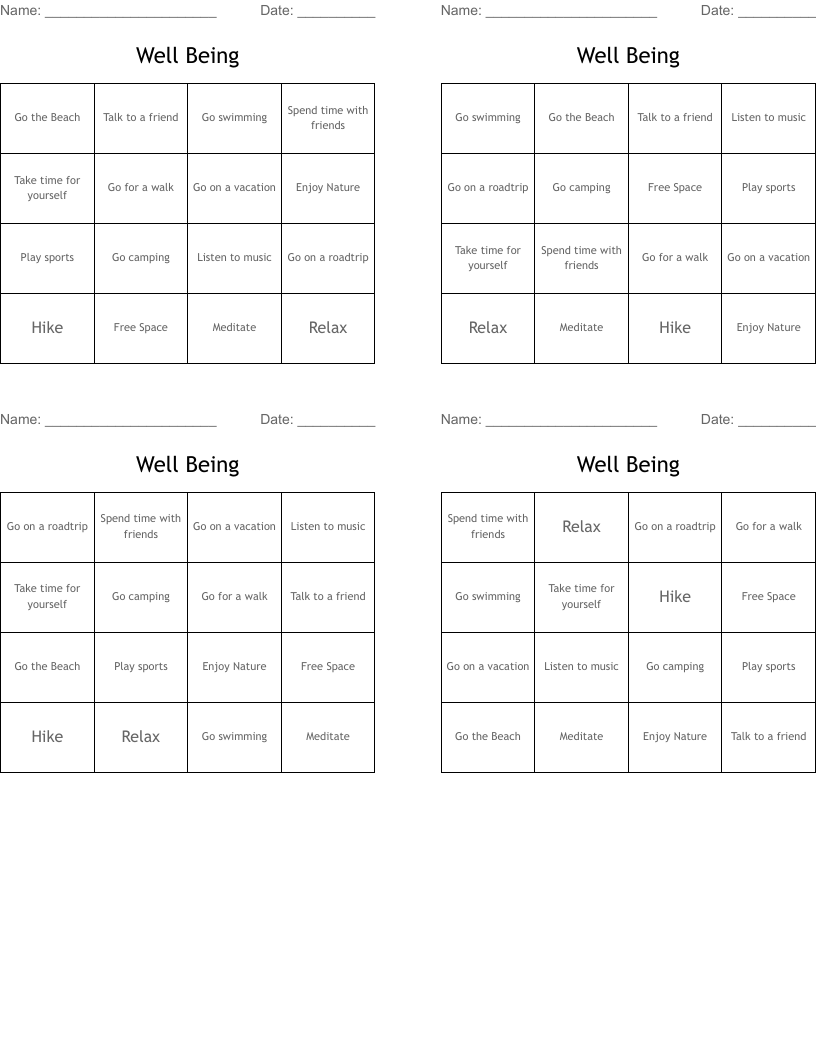 Well Being  Bingo Cards