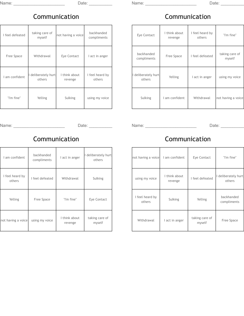 Communication  Bingo Cards