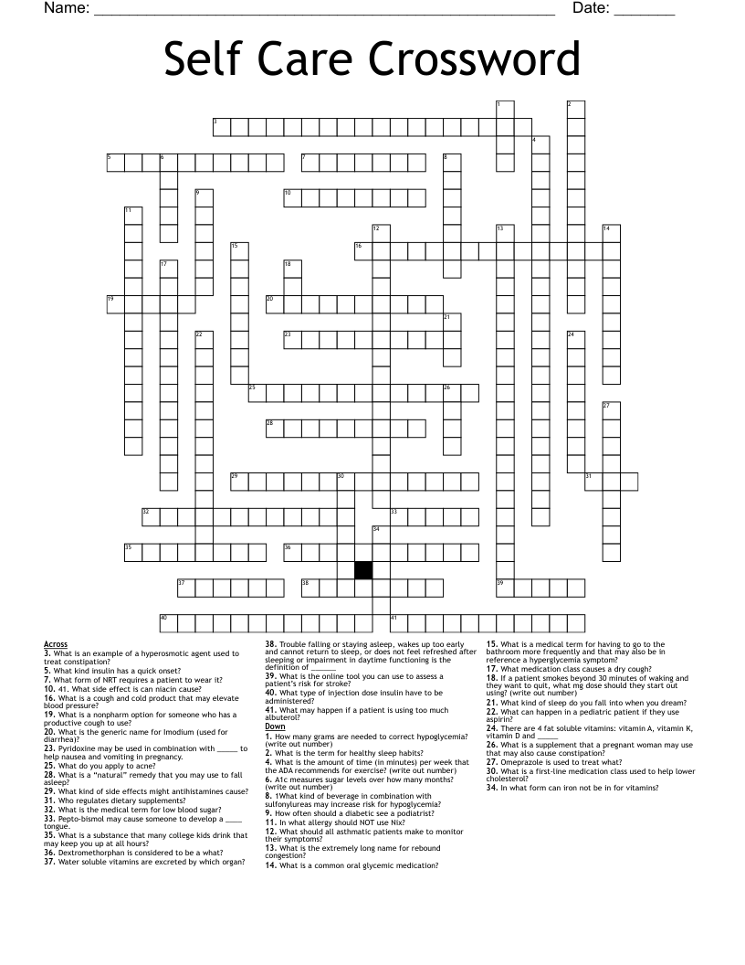 Self Care Crossword