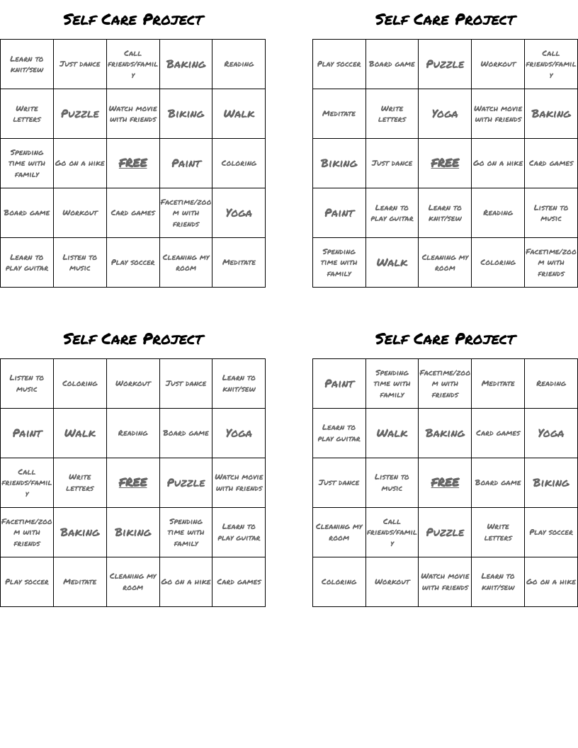 Self Care Project Bingo Cards