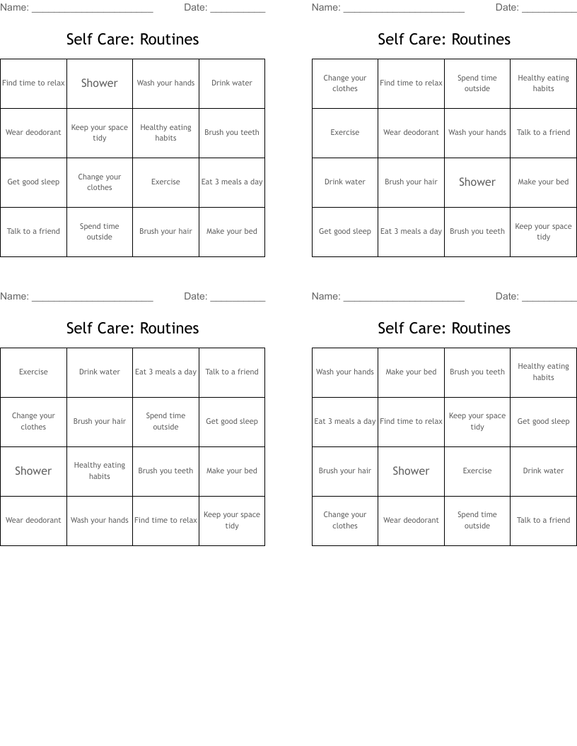 Self Care: Routines Bingo Cards