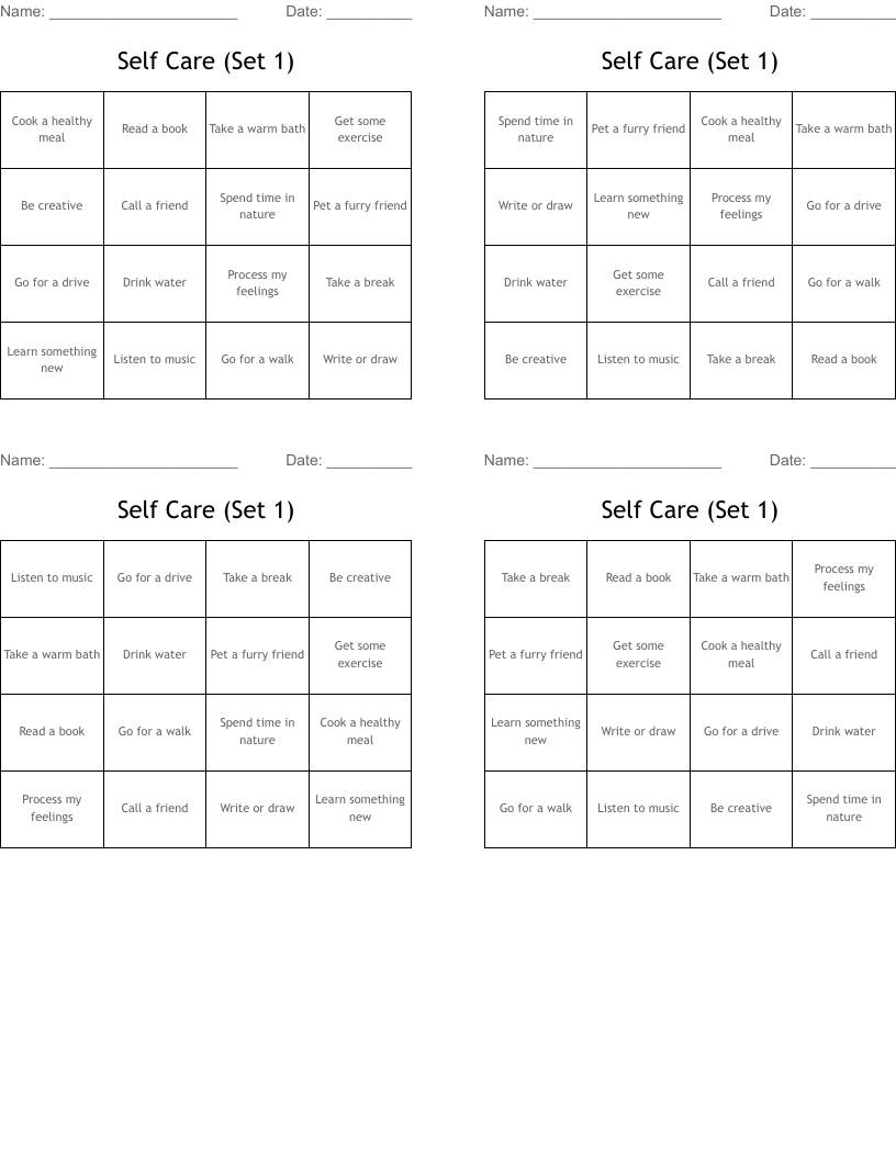 Self Care (Set 1) Bingo Cards