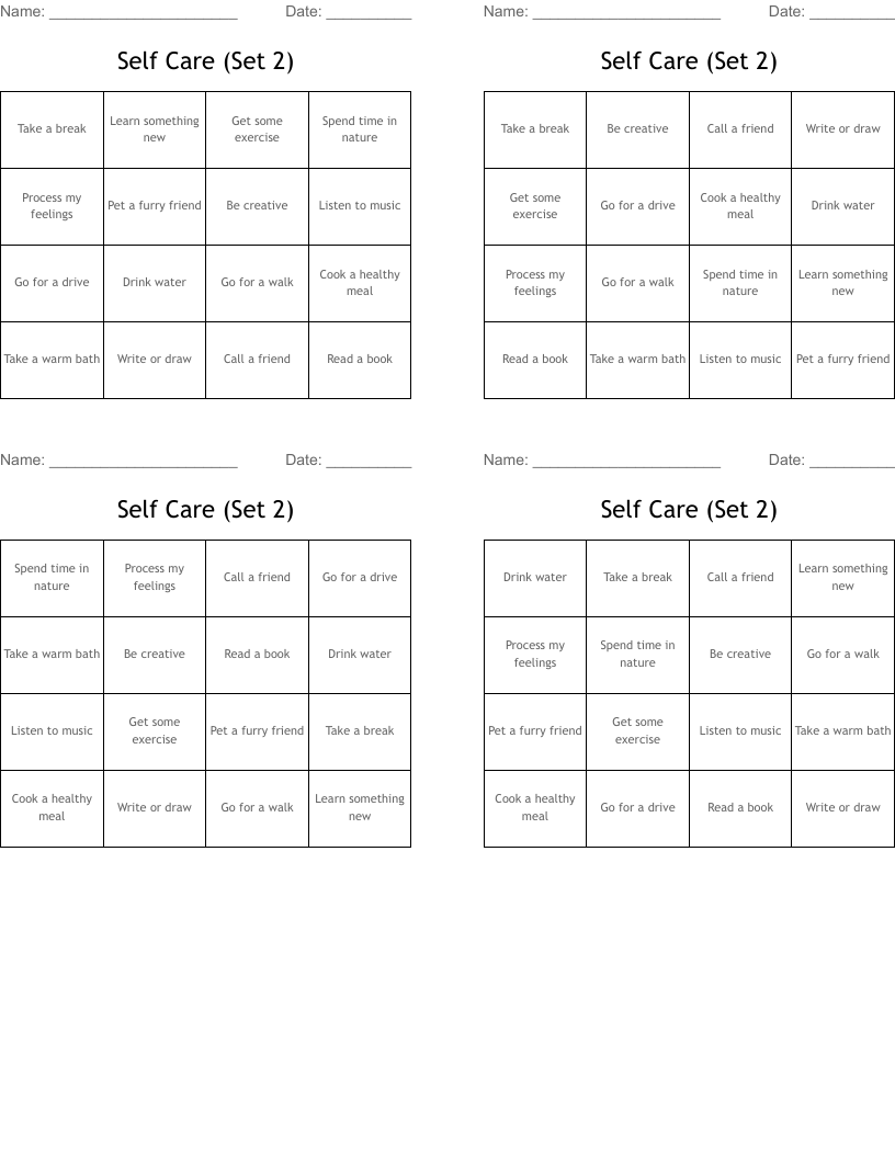 Self Care (Set 2)  Bingo Cards