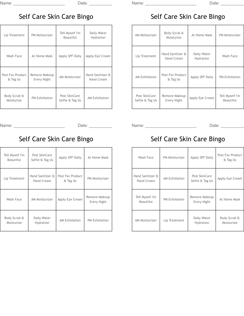 Self Care Skin Care Bingo