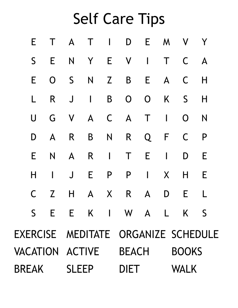 Self Care Tips Word Search