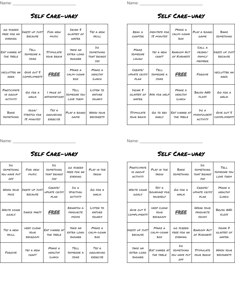 Self Care-uary Bingo Cards