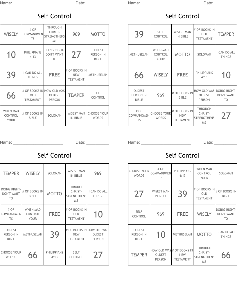 Self Control Bingo Cards