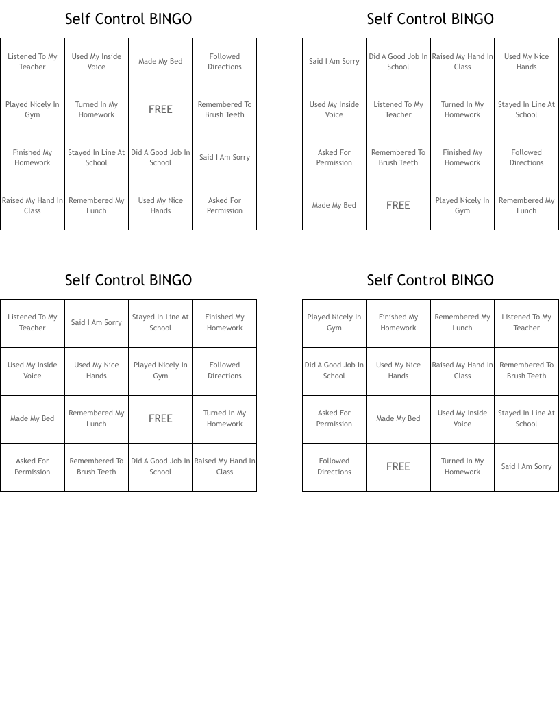 Self Control BINGO