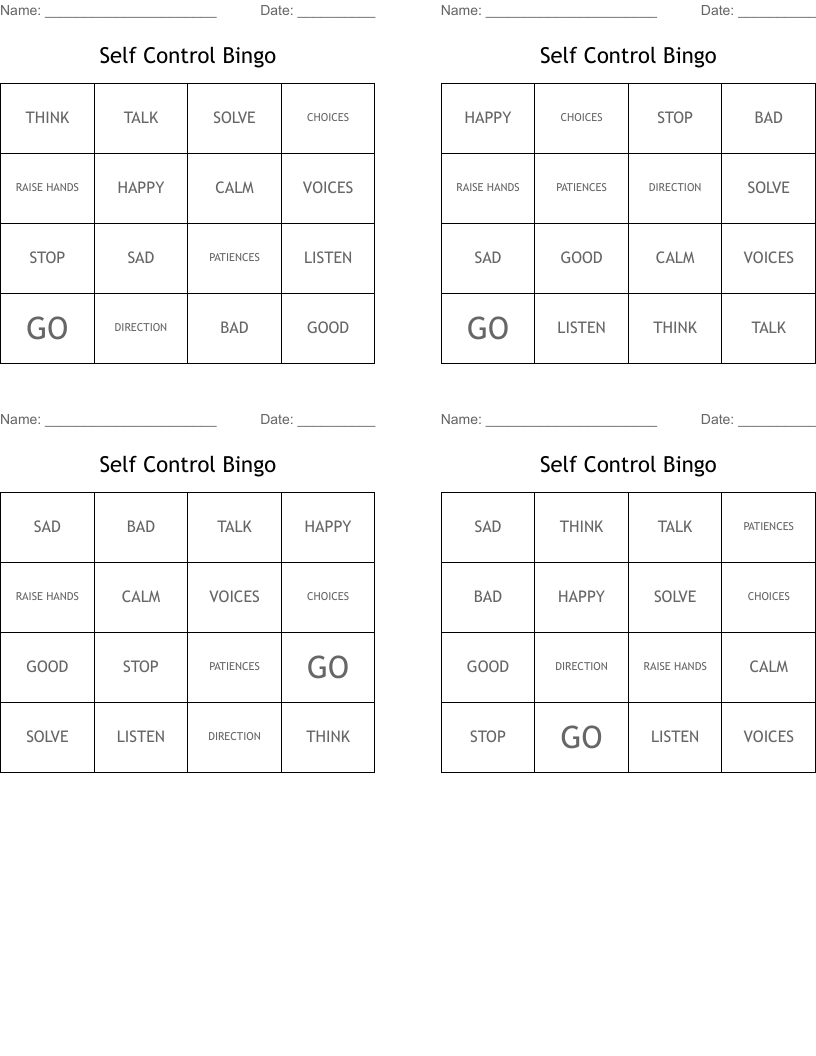 Self Control Bingo