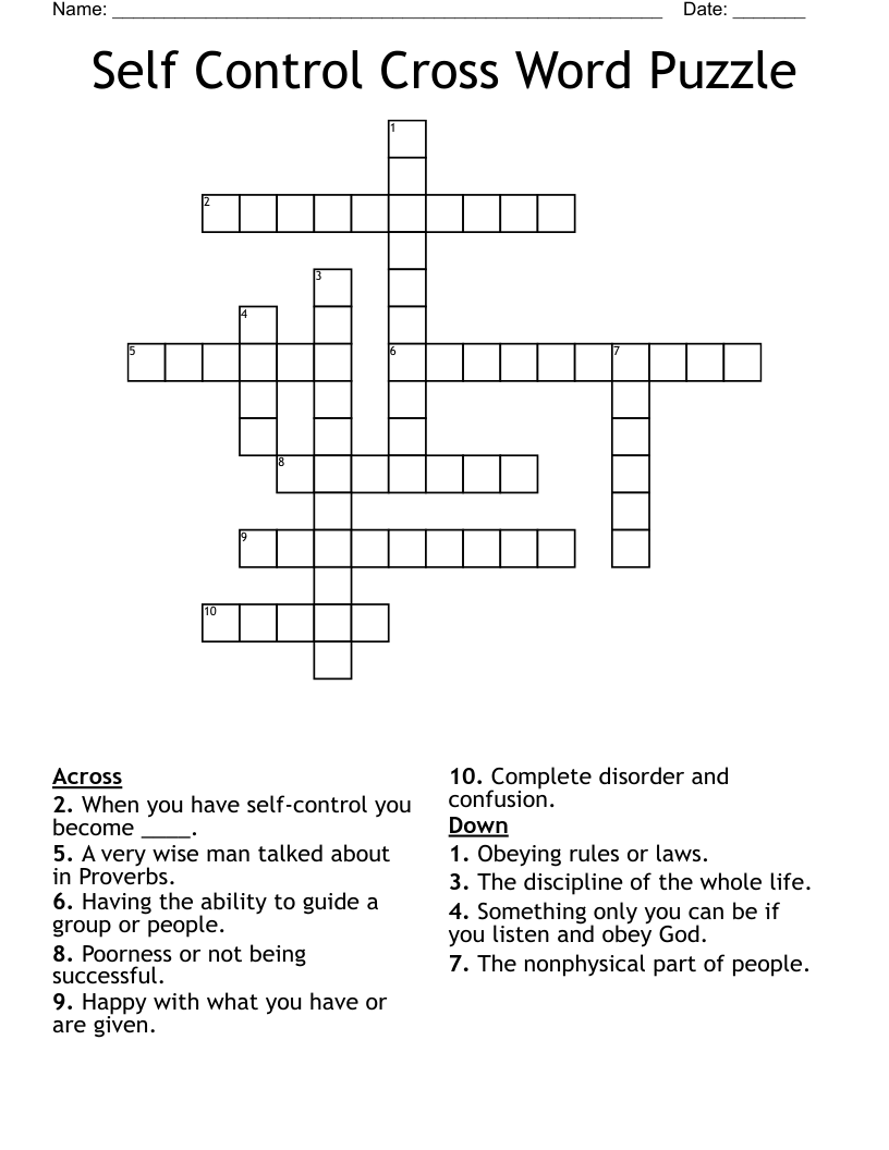 Self Control Cross Word Puzzle