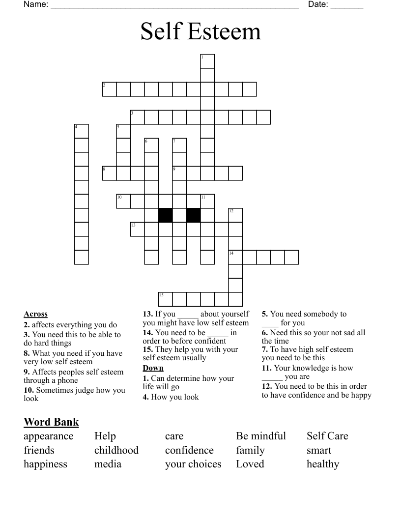 Self Esteem Crossword