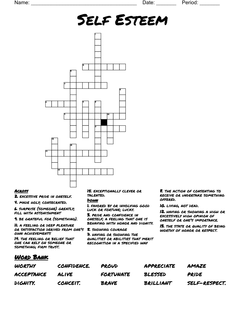 Self Esteem Crossword