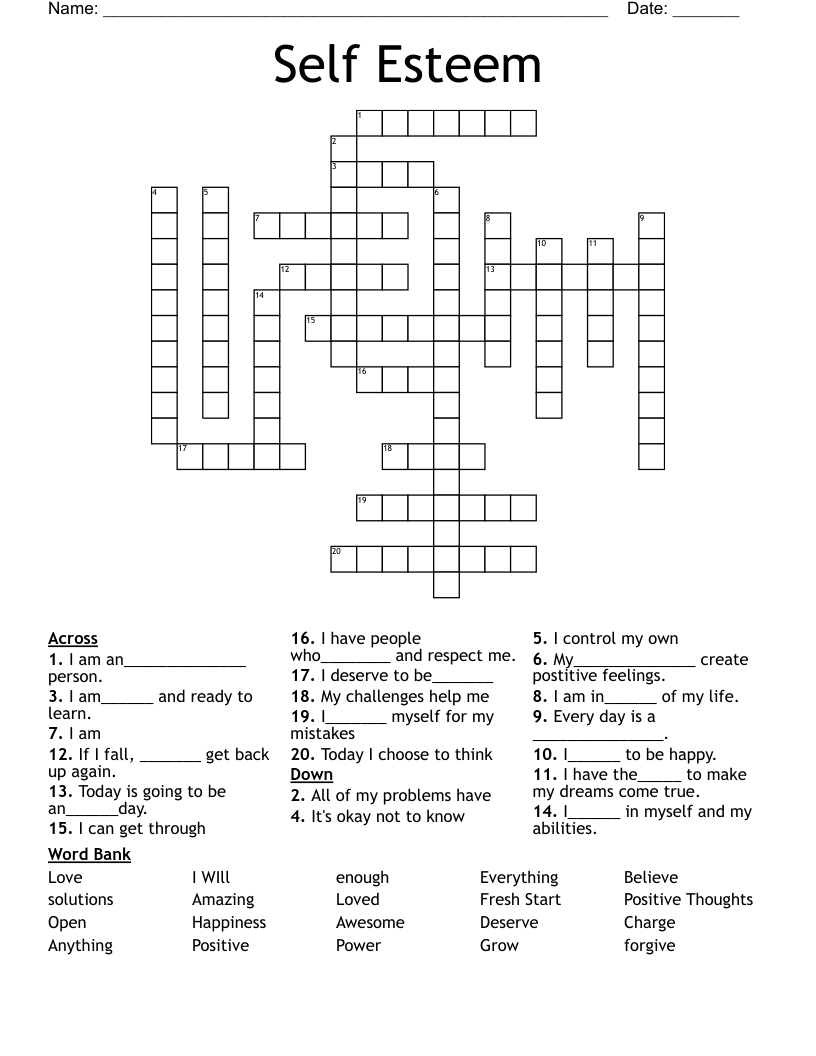 Self Esteem Crossword