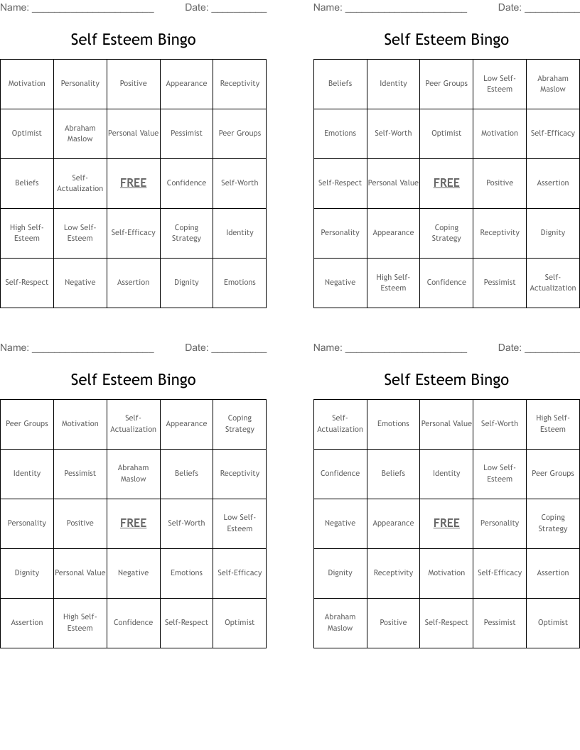 Self Esteem Bingo