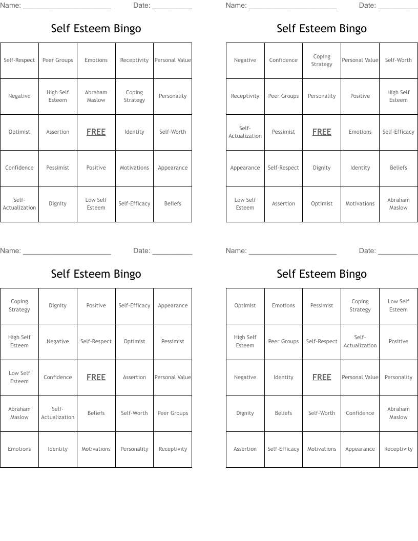 Self Esteem Bingo