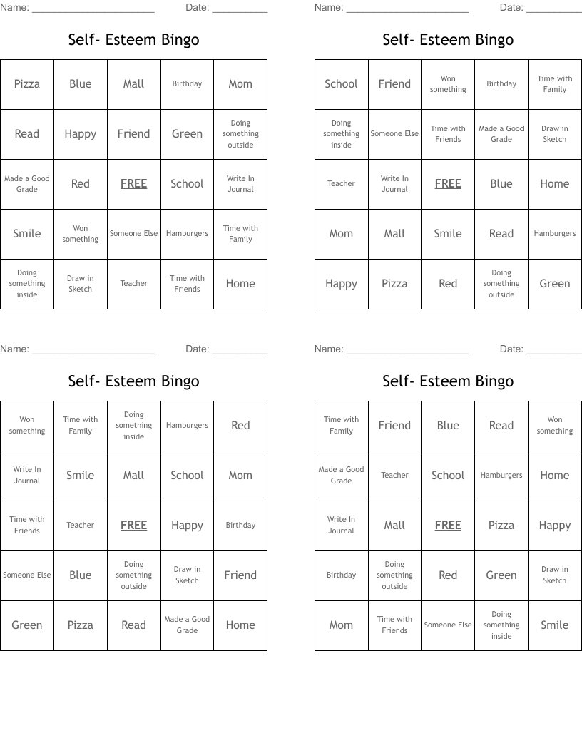 Self- Esteem Bingo