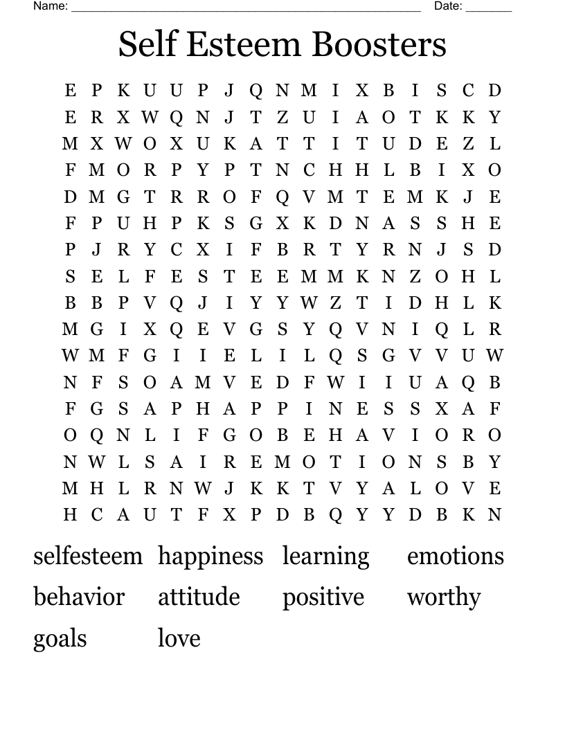Self Esteem Boosters Word Search