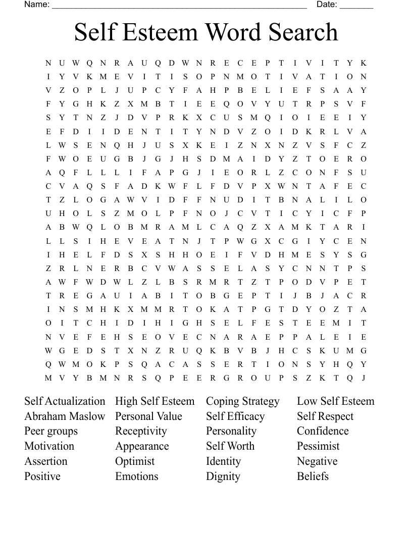 Self Esteem Word Search