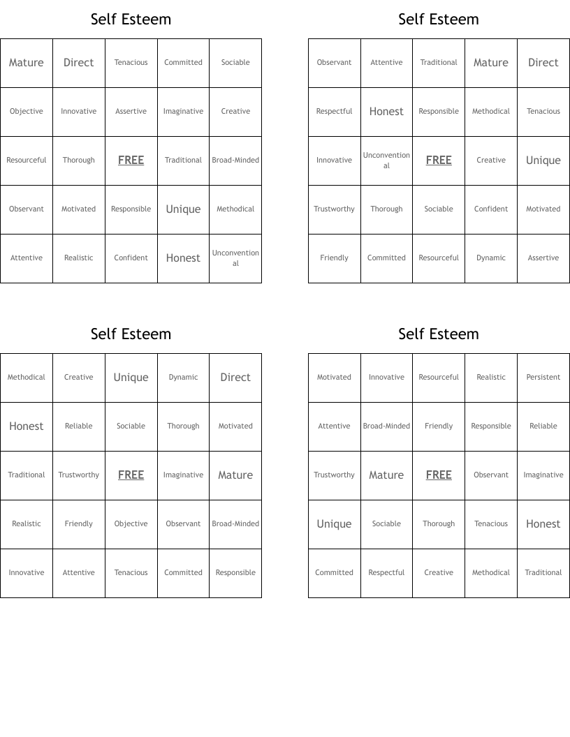 Self Esteem  Bingo Cards