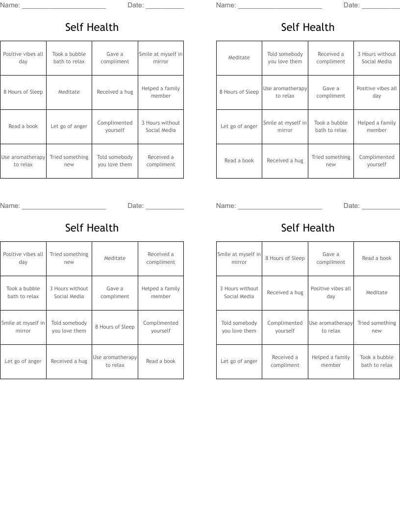 Self Health Bingo Cards
