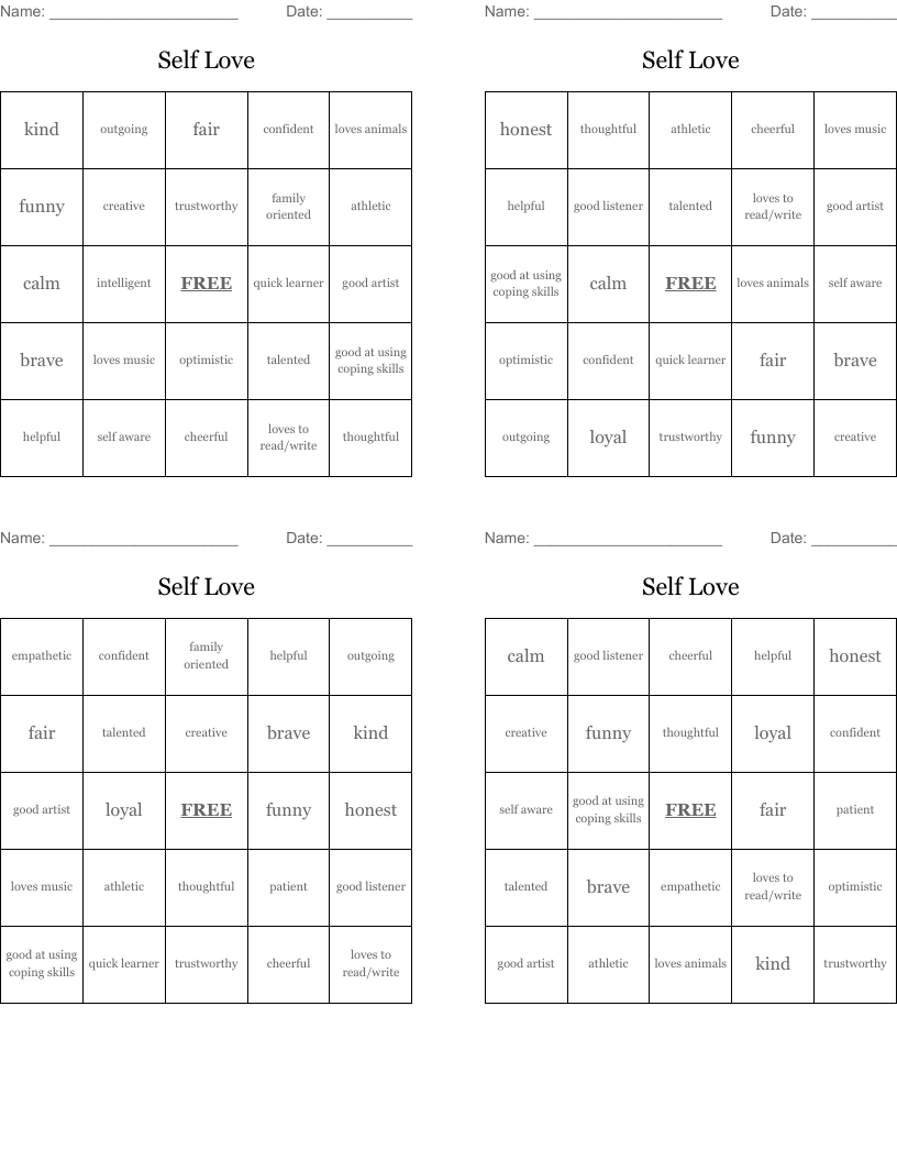 Self Love Bingo Cards