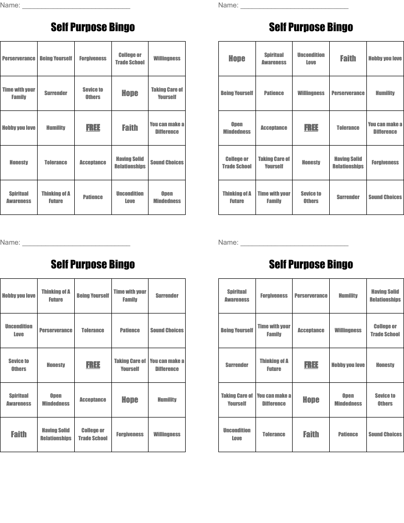 Self Purpose Bingo