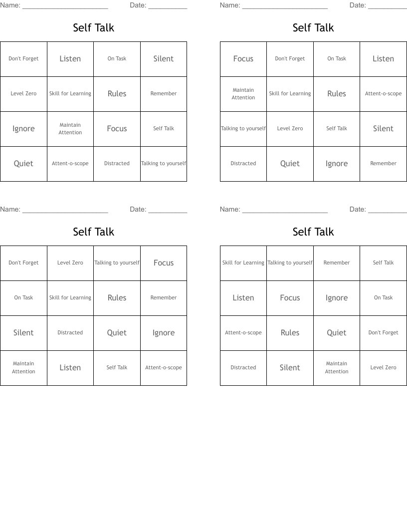 Self Talk Bingo Cards