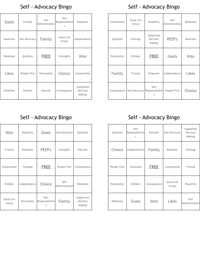 Self - Advocacy Bingo