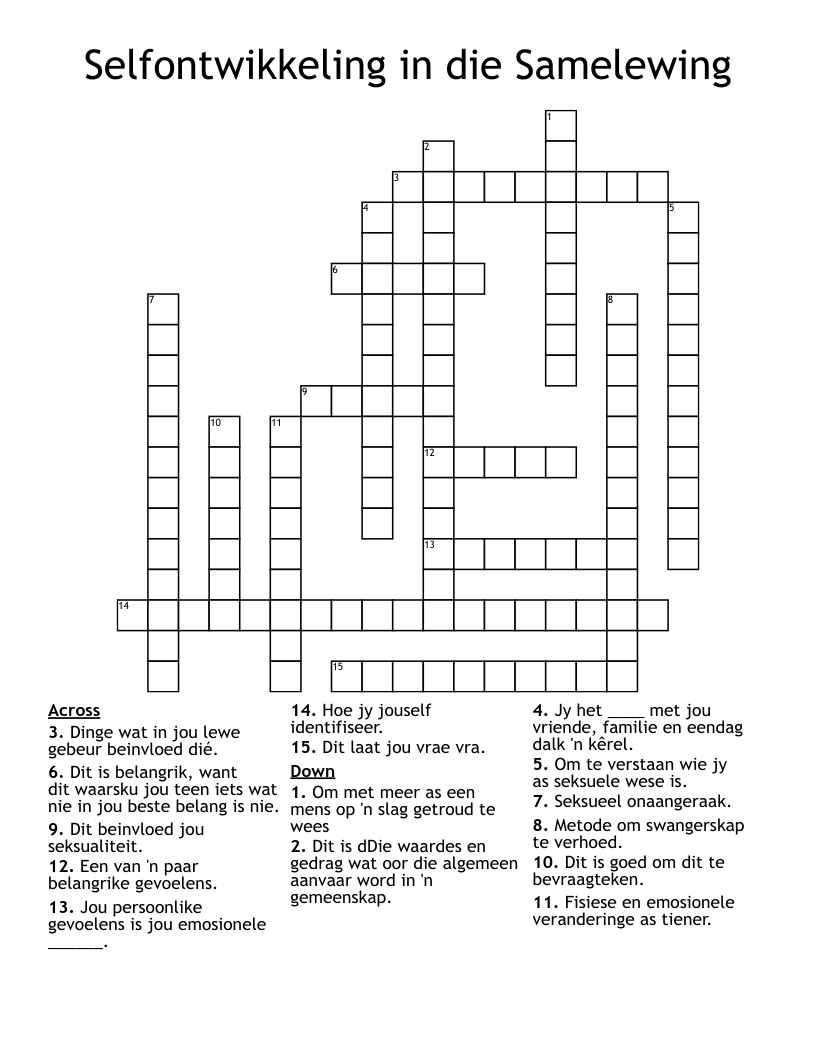 Selfontwikkeling in die Samelewing Crossword