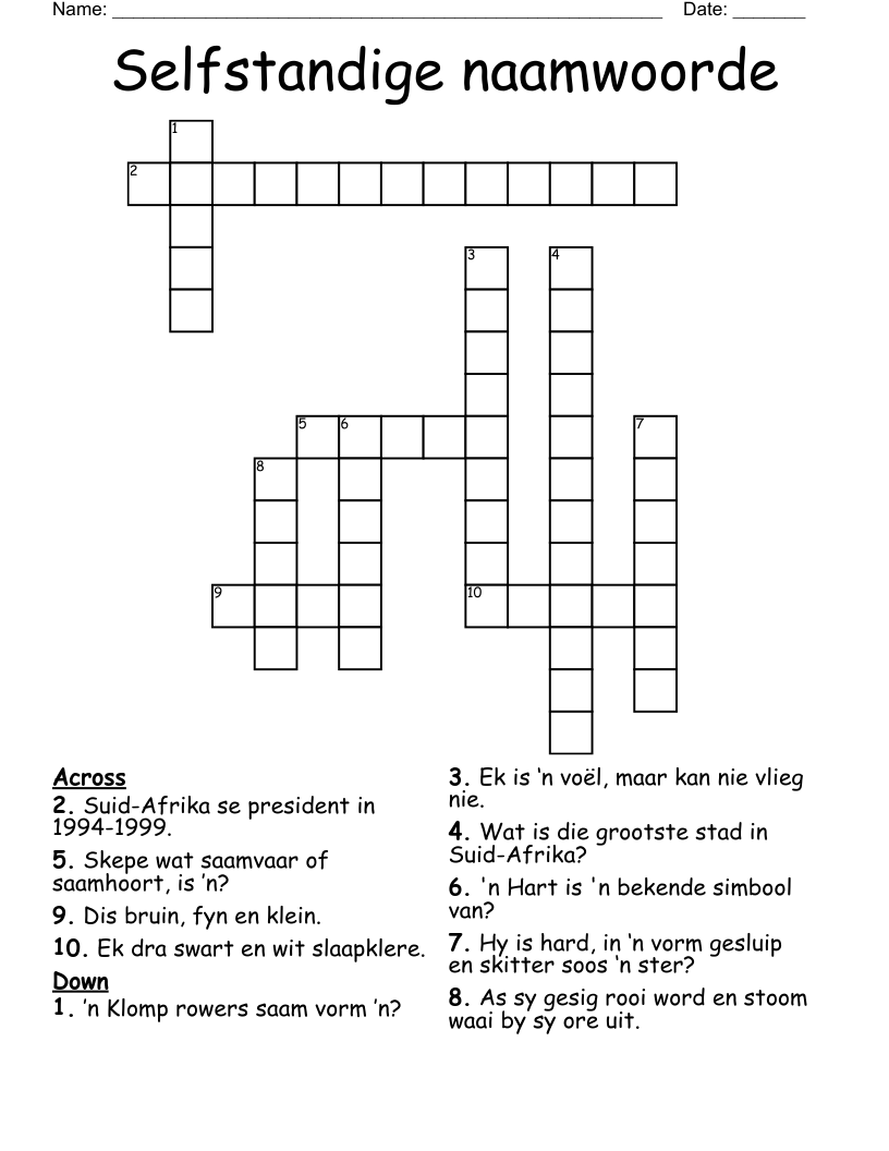 Selfstandige naamwoorde Crossword